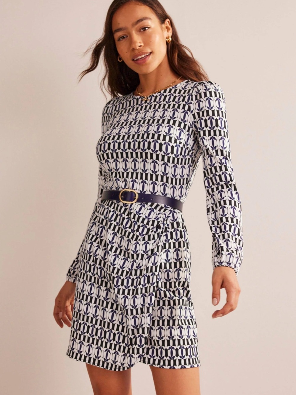 Boden Wrap-Effect Jersey Mini Dress Black White Women's Size 6 Faux Wrap Office
